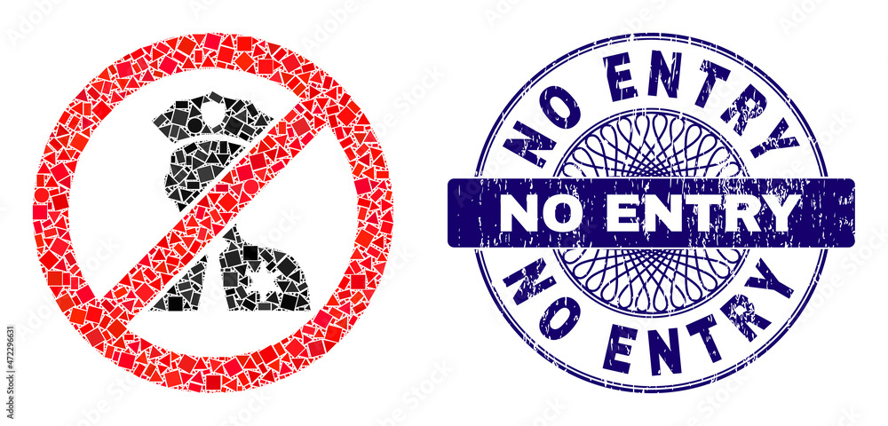 Geometric mosaic no entry police, and No Entry unclean seal print. Blue seal contains No Entry text inside circle shape. Vector no entry police mosaic is created from different circle, triangle,
