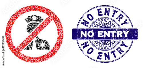 Geometric mosaic no entry police, and No Entry unclean seal print. Blue seal contains No Entry text inside circle shape. Vector no entry police mosaic is created from different circle, triangle,