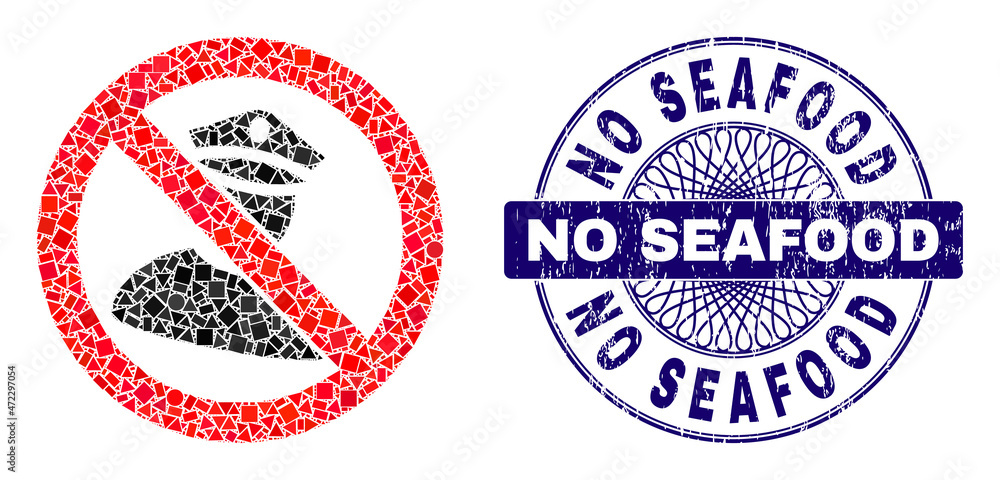 Geometric collage no policeman, and No Seafood corroded stamp seal. Violet stamp seal includes No Seafood tag inside circle shape. Vector no policeman collage is created with random spheric, triangle,