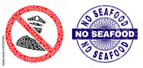 Geometric collage no policeman, and No Seafood corroded stamp seal. Violet stamp seal includes No Seafood tag inside circle shape. Vector no policeman collage is created with random spheric, triangle,