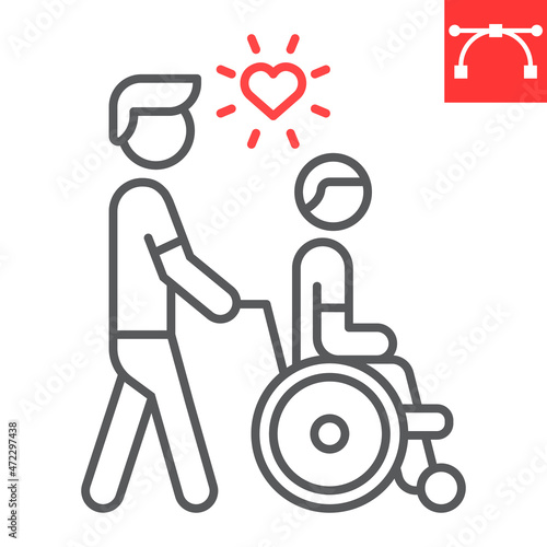 Disabled people help line icon, caretaker and volunteering, man take wheelchair man vector icon, vector graphics, editable stroke outline sign, eps 10.