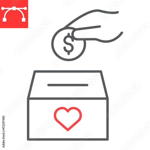 Donation line icon, donate box and volunteering, Hand putting money vector icon, vector graphics, editable stroke outline sign, eps 10.