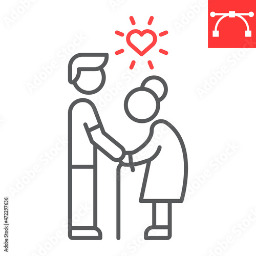 Elderly people help line icon, grandmother and volunteering, volunteer caring elderly for woman vector icon, vector graphics, editable stroke outline sign, eps 10.