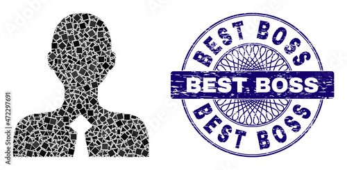 Geometric mosaic official person, and Best Boss grunge seal print. Blue seal contains Best Boss text inside round shape. Vector official person mosaic is created with random round, triangle,