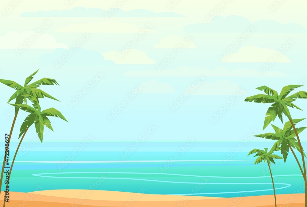 Sea beach. Summer seascape. Far away is the ocean horizon. Mild wet weather. Calm weather. Flat style illustration. Vector.
