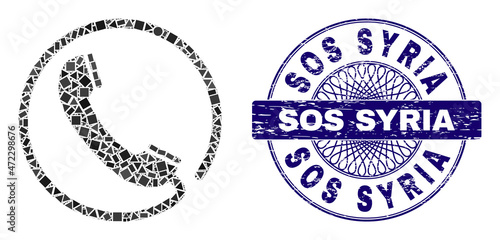 Geometric mosaic phone, and Sos Syria dirty seal print. Blue seal has Sos Syria title inside circle shape. Vector phone mosaic is made with random circle, triangle, rectangle dots.