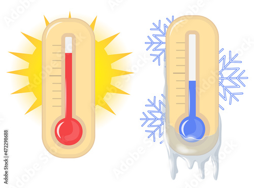 Thermometers. High and low temperature. Hot and cold. Isolated illustration.