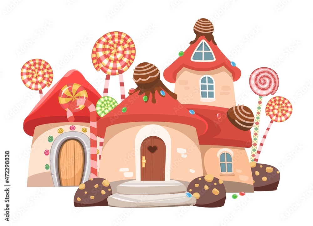 Sweet caramel fairy house. Illustration in cartoon style flat design. Picture for children isolated on white background. Vector