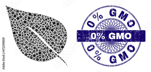 Geometric mosaic plant leaf, and 0% GMO rubber seal imitation. Violet stamp seal has 0% GMO caption inside circle shape. Vector plant leaf mosaic is created from scattered circle, triangle,