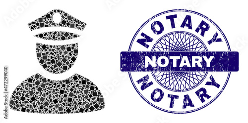 Geometric collage police man, and Notary grunge stamp seal. Violet stamp seal has Notary tag inside round shape. Vector police man collage is formed from different spheric, triangle, rectangle parts.
