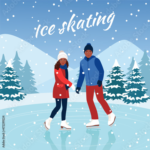 People ice skating. Young Man and Woman on winter ice rink.  Vector illustration.