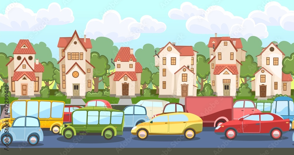 Naklejka premium Heavy traffic on road. Seamless horizontal cartoon illustration. Asphalt path. Summer town landscape. Different cars in comic style. Vector