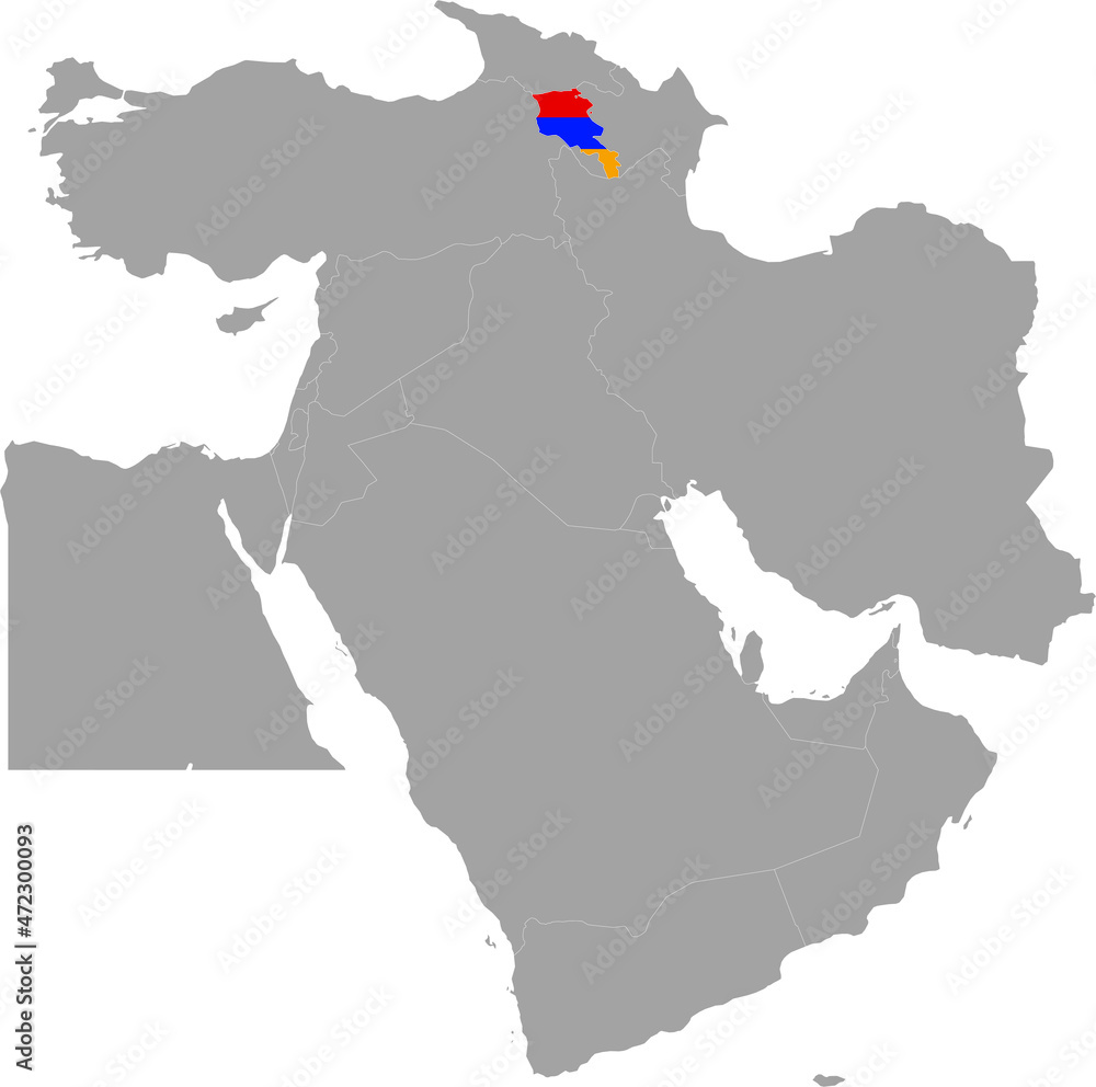 Obraz premium Map of Armenia with national flag inside the gray map of Middle East region of Asia