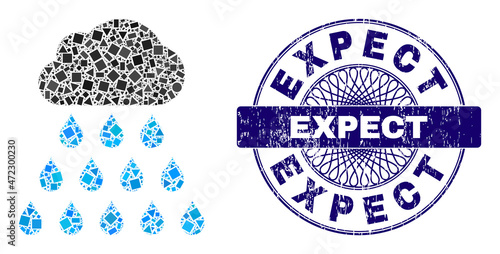 Geometric collage rain cloud, and Expect scratched seal imitation. Violet seal contains Expect text inside circle form. Vector rain cloud collage is formed with different round, triangle,