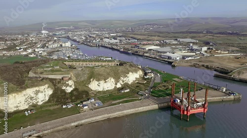 Aerial video of Newhaven Fort overlooking the entrance to Newhaven and the River Ouse. photo