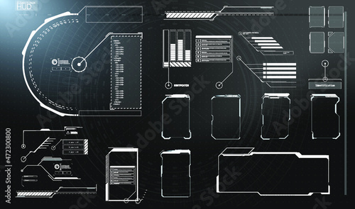 Futuristic Vector HUD Interface Screen Design. Digital callouts titles. HUD UI GUI futuristic user interface screen elements set. High tech screen for video game. Sci-fi concept design.