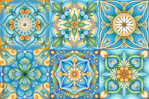 Banner patchwork tile with ornamental pattern.Detailed traditional tiles.Valencian tiles. Majolica ornament. Floral ornament. Portuguese tile. Ancient pattern. Morocco tiles.