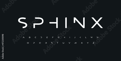 Futuristic font with minimalistic letter design for technology and innovation, digital interfaces and spaceships. Vector typography
