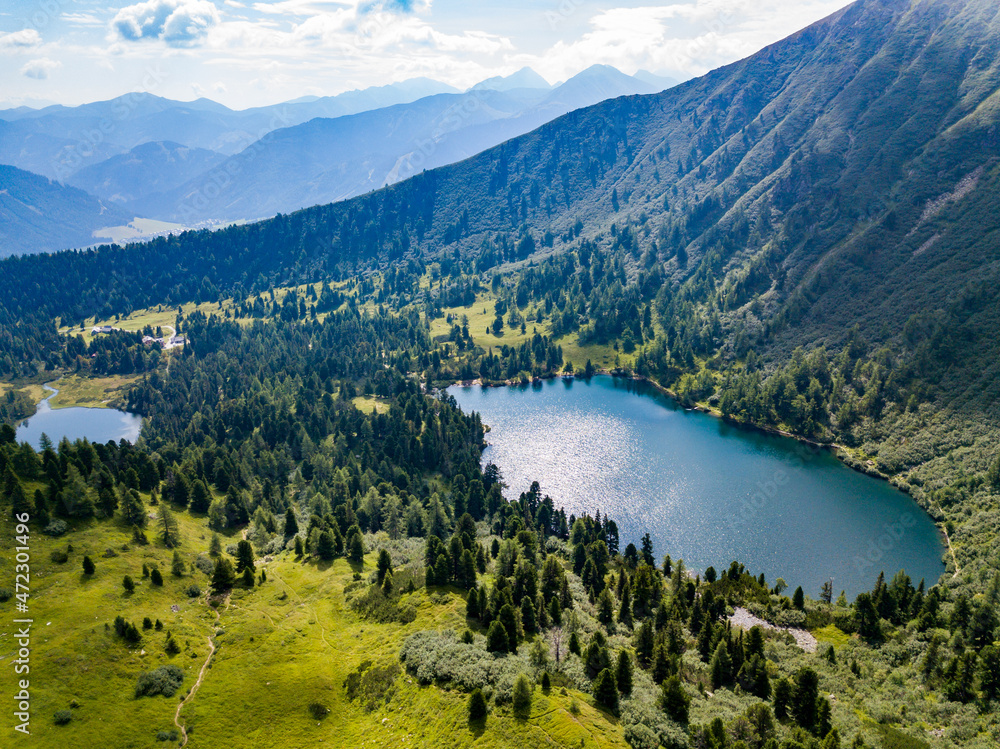 Drone view on lake Scheibelsee at Hauseck in Styria, Austria