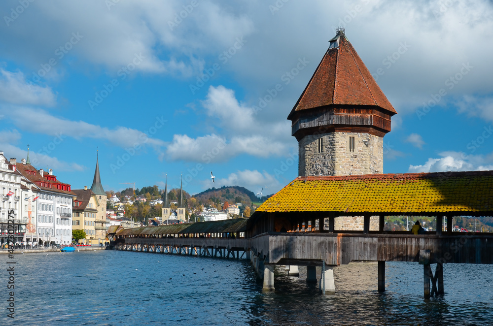 View of the iconic Chapel Bridge, in Lucerne, Switzerland