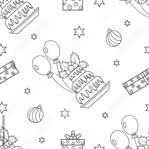 Vector winter holiday seamless pattern with presents and cakes photo