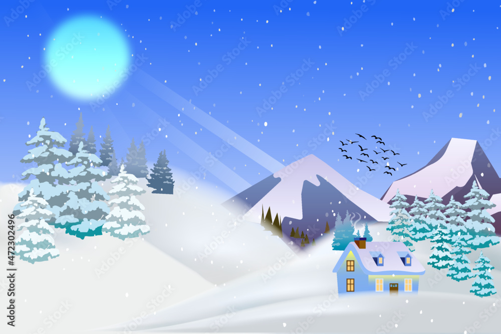 Winter landscape, snowy mountains, with house in the foreground with fireplace.
Snowflakes