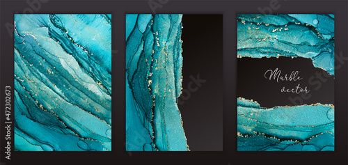 Marble Modern texture in blue color. Alcohol ink splash with isolated gold foil dots. Trendy poster design. Liquid flow art