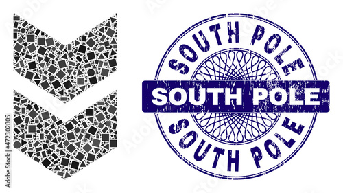 Geometric mosaic shift down, and South Pole rubber stamp seal. Violet stamp seal has South Pole tag inside round shape. Vector shift down collage is formed with random round, triangle, rectangle dots.