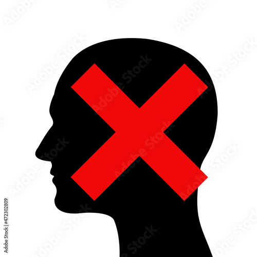 Silhouette of head is crossed out - elimination, ban, removal, exclusion, disqualification, suspension of man and person. Vector illustration isolated on white.