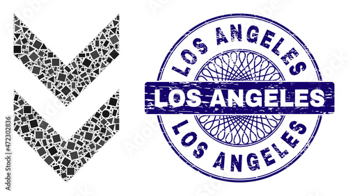 Geometric collage shift down, and Los Angeles textured seal. Blue seal contains Los Angeles title inside round form. Vector shift down collage is formed of scattered round, triangle,