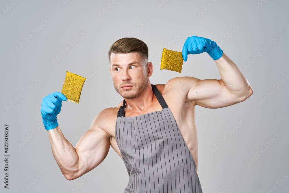 man aprons washing sponges rubber gloves cleaning man aprons washing sponges rubber gloves cleaning