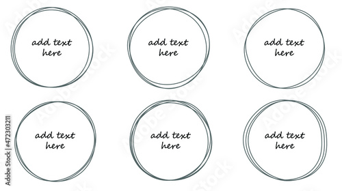 Vector set of six black hand drawn circle frames with copy space for text. Design templates for social media graphics.