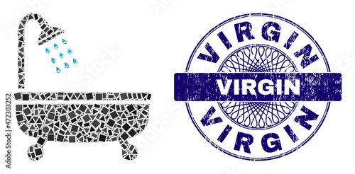 Geometric collage shower bath, and Virgin rubber stamp seal. Blue stamp has Virgin title inside round shape. Vector shower bath collage is formed of random round, triangle, rectangular parts.