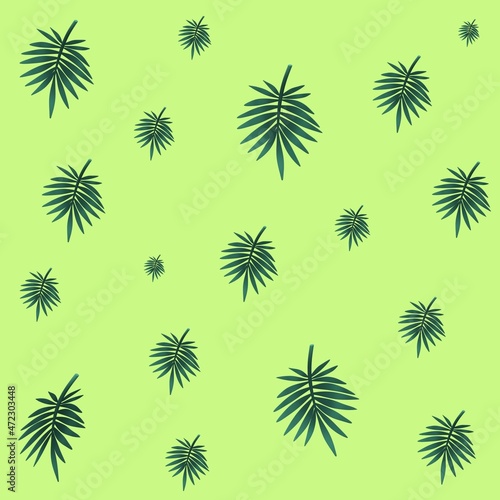3D illustration. Exotic tree branches with bright green leaves on a vivid green background. Wrapping or gift paper design.