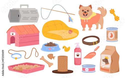Cartoon veterinarian accessory collection with food, toys and supplies for cats and dogs isolated on white. Vet store concept. Pet stuff set for shop or salon for domestic animals vector illustration