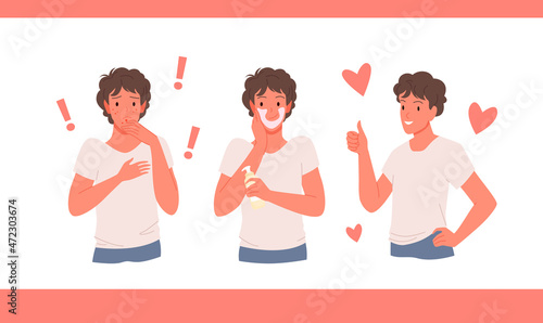 Cartoon guy before and after treatment of pimples and scars on face, person using cream or lotion isolated on white. Medicine, beauty concept. Young man with acne medical problem vector illustration