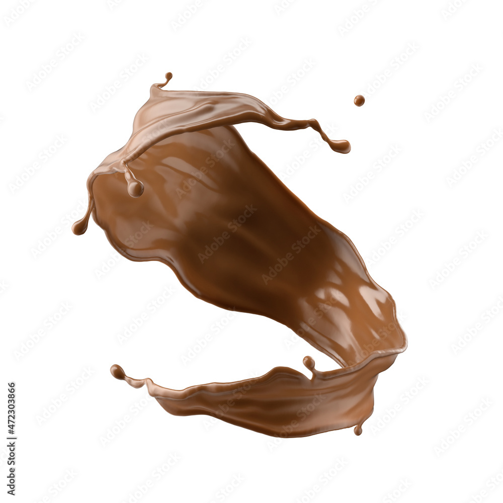 3d render, chocolate splash, cacao drink or coffee, splashing cooking ingredient. Abstract twisted liquid jet. Brown beverage clip art isolated on white background 3d render, chocolate splash, cacao drink or coffee, splashing cooking ingredient. Abstract twisted liquid jet. Brown beverage clip art isolated on white background