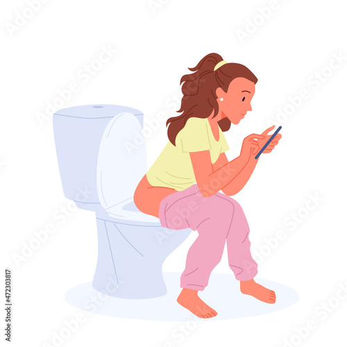 Girl sitting on toilet bowl with smartphone vector illustration. Cartoon woman with pants down playing, texting messages, surfing in restroom, lavatory isolated on white. Internet dependence concept
