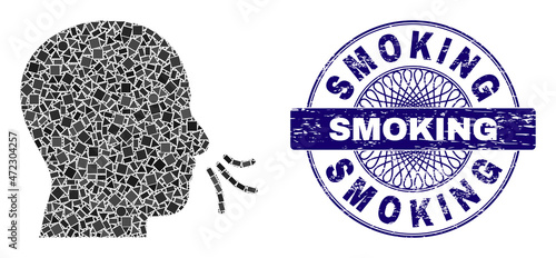 Geometric mosaic sniff, and Smoking corroded stamp seal. Blue stamp seal contains Smoking title inside circle form. Vector sniff collage is made with randomized circle, triangle, rectangle parts.