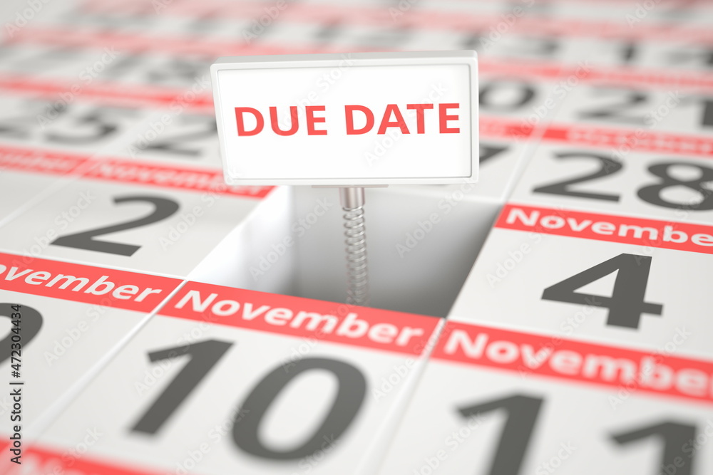 DUE DATE sign on November 3 in a calendar, 3d rendering DUE DATE sign on November 3 in a calendar, 3d rendering