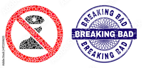Geometric collage stop policeman, and Breaking Bad scratched seal print. Violet stamp seal includes Breaking Bad title inside round shape. Vector stop policeman collage is formed of random round,