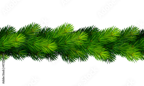 Vector horizontal seamless border with green fir branches on white.