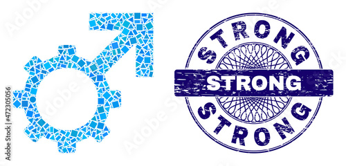 Geometric mosaic technological potence, and Strong dirty stamp seal. Blue stamp seal contains Strong caption inside round form. Vector technological potence mosaic is composed of different round,