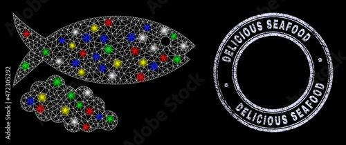 Glossy polygonal mesh net fish caviar icon with glare effect on a black background with Delicious Seafood unclean seal. Illuminated vector mesh created from fish caviar icon,
