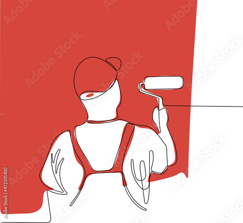 Continuous one line drawing of human hand holds paint brushes with paint can, floor painting, blank space for your text, banner, advertisement or your design minimal outline. Vector illustration