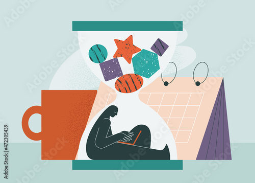 Deadline, time management concept. Busy man working overtime inside an hourglass. Urgent project tasks, countdown, work pressure. Workaholic character. Isolated vector illustration
