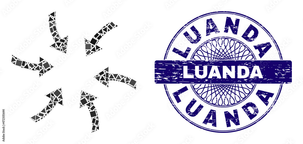 Fototapeta premium Geometric mosaic twirl arrows, and Luanda grunge stamp seal. Blue stamp seal has Luanda tag inside round shape. Vector twirl arrows mosaic is done from scattered round, triangle, rectangular items.
