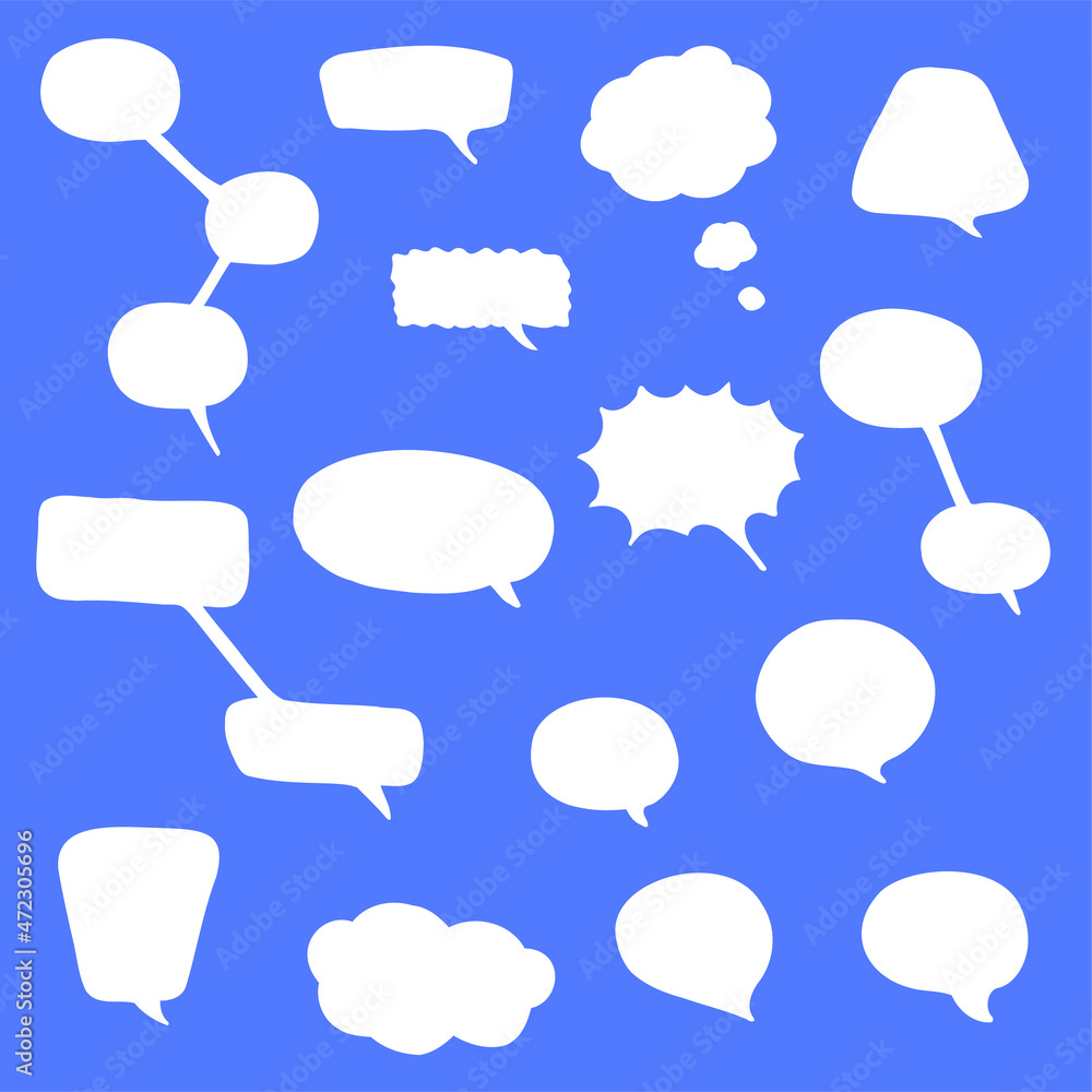 Vector hand drawn speech bubbles. Blue and white colors. Set of speak bubble text, chatting box, message box outline cartoon vector illustration design. Balloon doodle style of thinking sign symbol. Vector hand drawn speech bubbles. Blue and white colors. Set of speak bubble text, chatting box, message box outline cartoon vector illustration design. Balloon doodle style of thinking sign symbol.