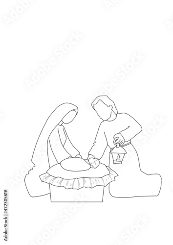 Christmas nativity scene of the baby Jesus, Mary, Joseph . Vector illustration sketch doodle  with black lines isolated on white background