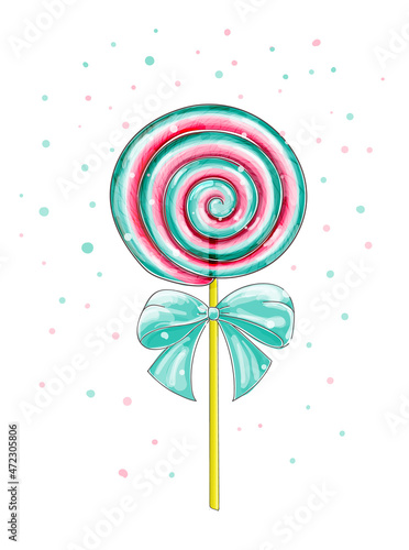 Candies, lollipop with bows . Vector sweets, spiral striped lollypops, isolated on white background. Twisted and Swirling Lollipops on Sticks